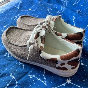 SHEIN Brown & White Cow Print Canvas Slip Ons